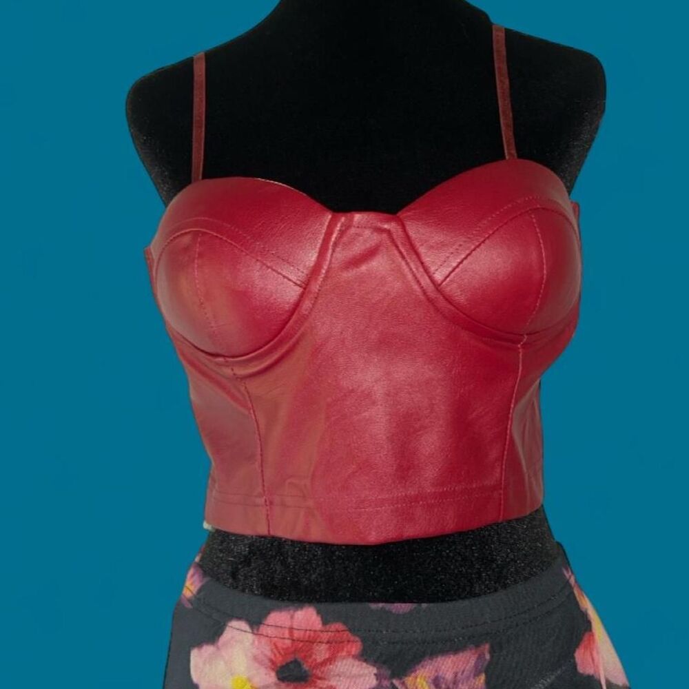 Red Faux Leather Bustier Corset Crop Top Underwire Y2K